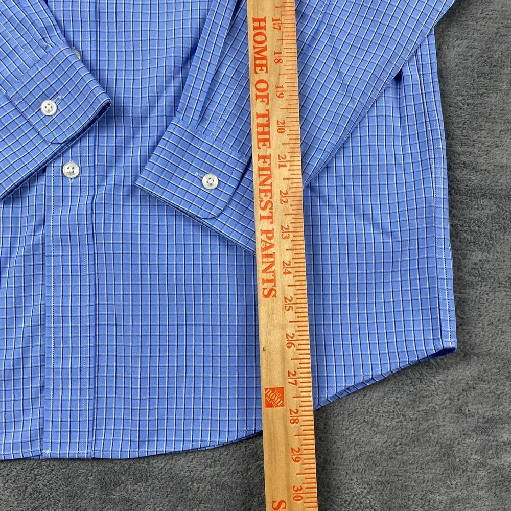 LL Bean Mens 15.5-33 Button Down Shirt Blue Check Wrinkle Free Slightly Fitted